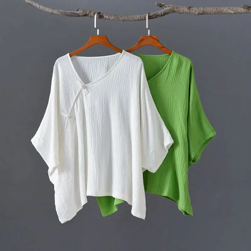 

Imitation Cotton Linen T Shirts Women Summer Trendy Vintage T-shirt Solid Color Bottoming Literary V-neck Mid-sleeve Loose Tops