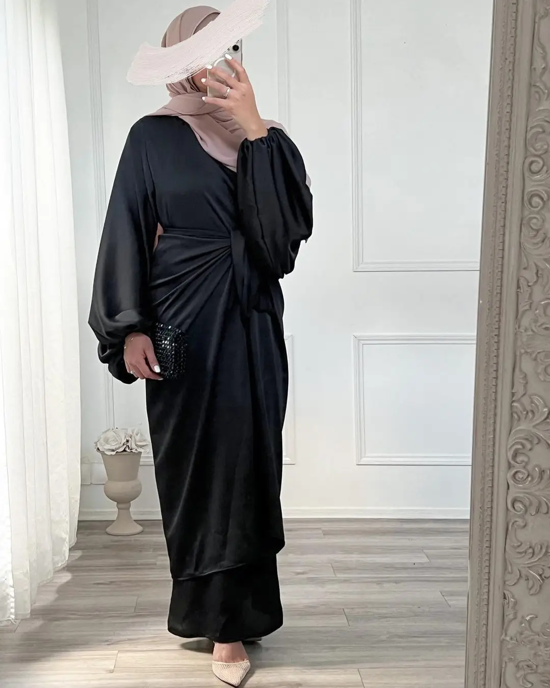 Ramadan White Satin Abaya Dress + Wrap Front Skirt 2 Piece Set Arabic Hijab Dresses for Muslim Women Dubai Turkey Islam Clothing