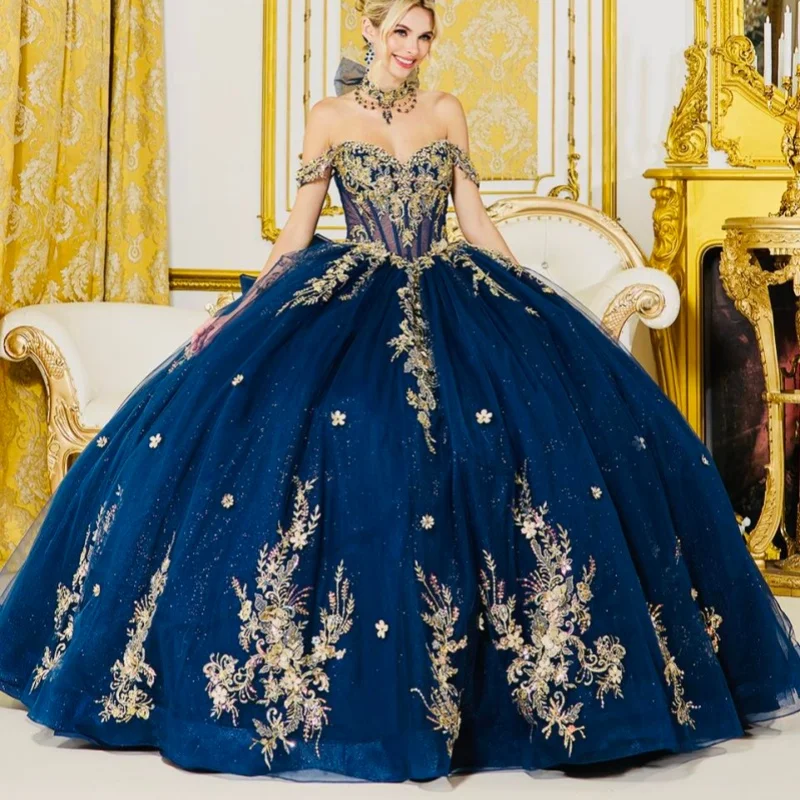 

Shiny Blue Quinceanera Dresses Off the Shoulder Golden Glitter Flower Decal Tull Long tail Bow Vestido 15 Quinceanera Customized