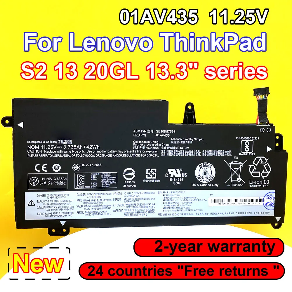 

01AV435 Laptop Battery For Lenovo Thinkpad S2 13 20GL 13.3" Chromebook Series 01AV400 01AV401 01AV437 SB10K97593 11.25V 42Wh