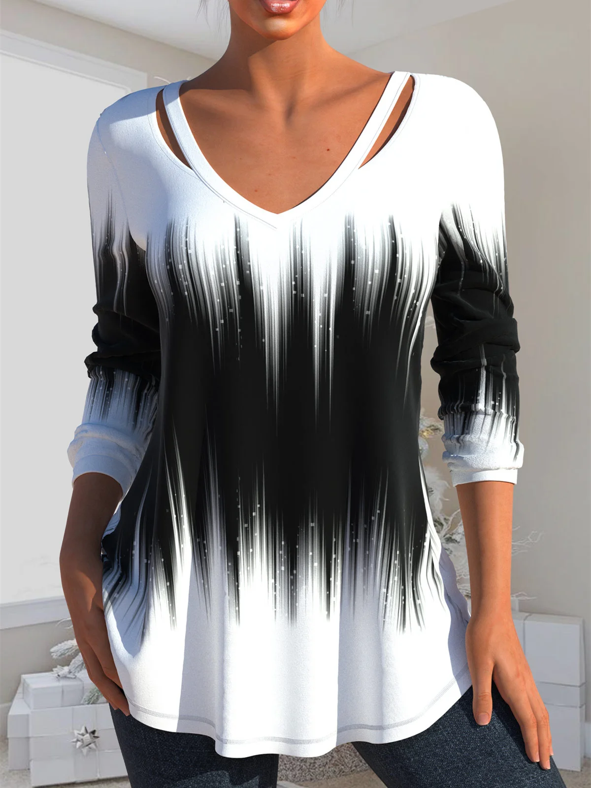 

Plus Size Women Christmas Long Sleeve V-neck Graphic Printed Top