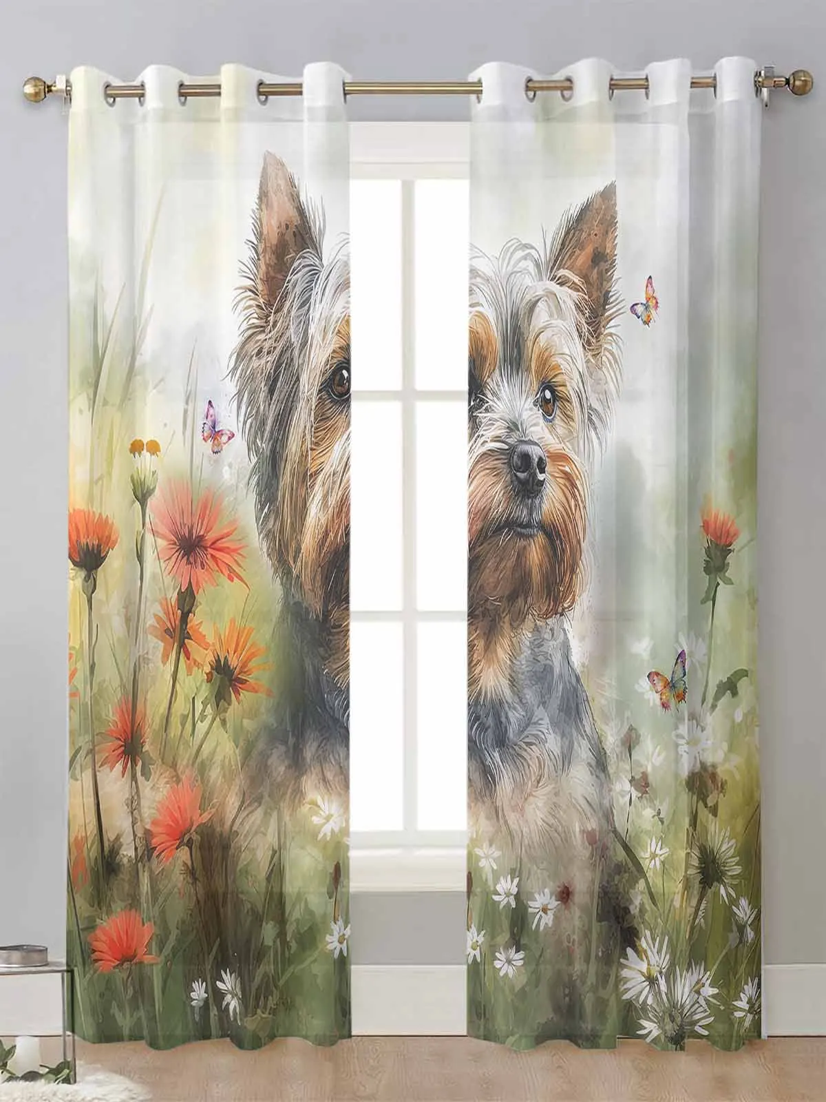 

Flower Pet Dog Watercolor Butterfly Sheer Curtains For Living Room Window Voile Tulle Curtain Cortinas Drapes Home Decor