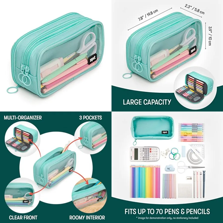

ZIPIT Half Half Pencil Case 3 Compartment Zipper Pouch for School Stationery Bag for Teen Girls Boys and Adults Mint - Perfect