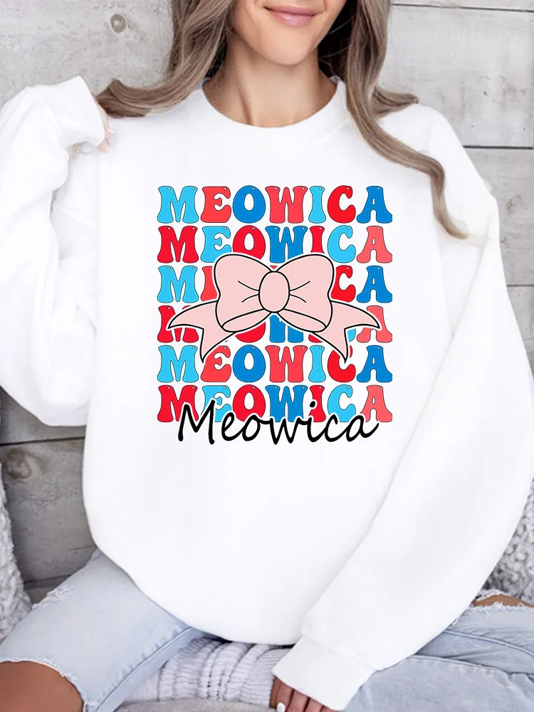 Meowica and Bow Women's Graphic Crewneck Sweatshirt Casual Long Sleeve Pullover, Loose Fit Streetwear for Fall Winter