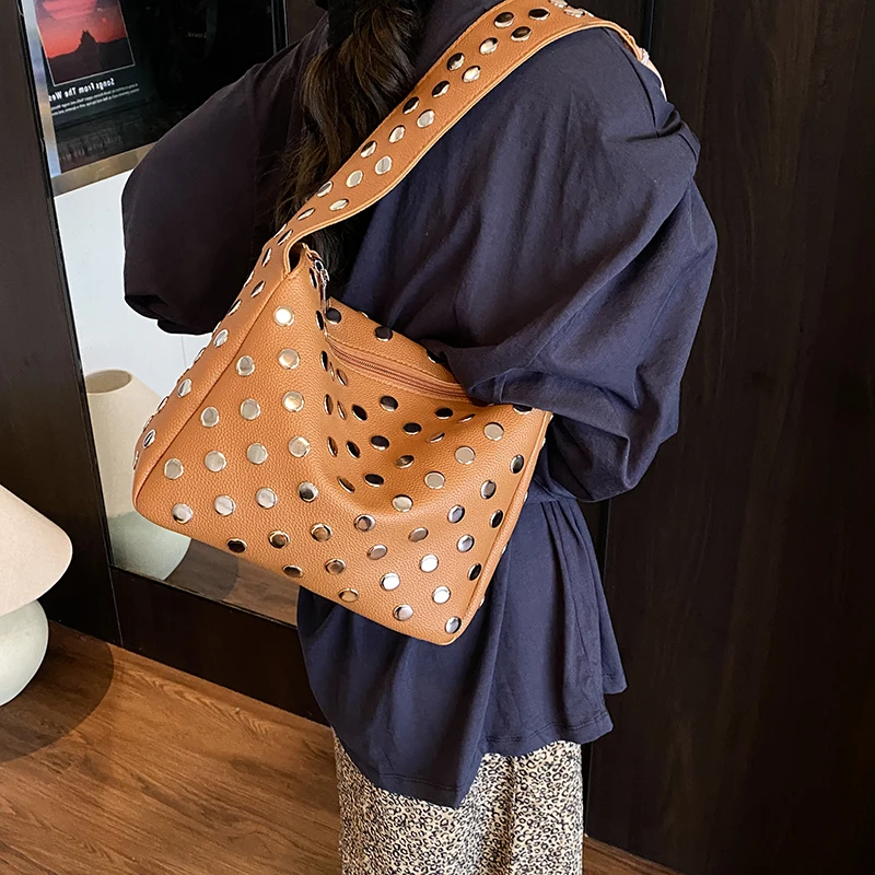 

High-End PU Leather Shoulder Bags - Chic Studded Women's Handbag Luxury Brand Inspired Tote with Zipper Closure & Trend Spacious