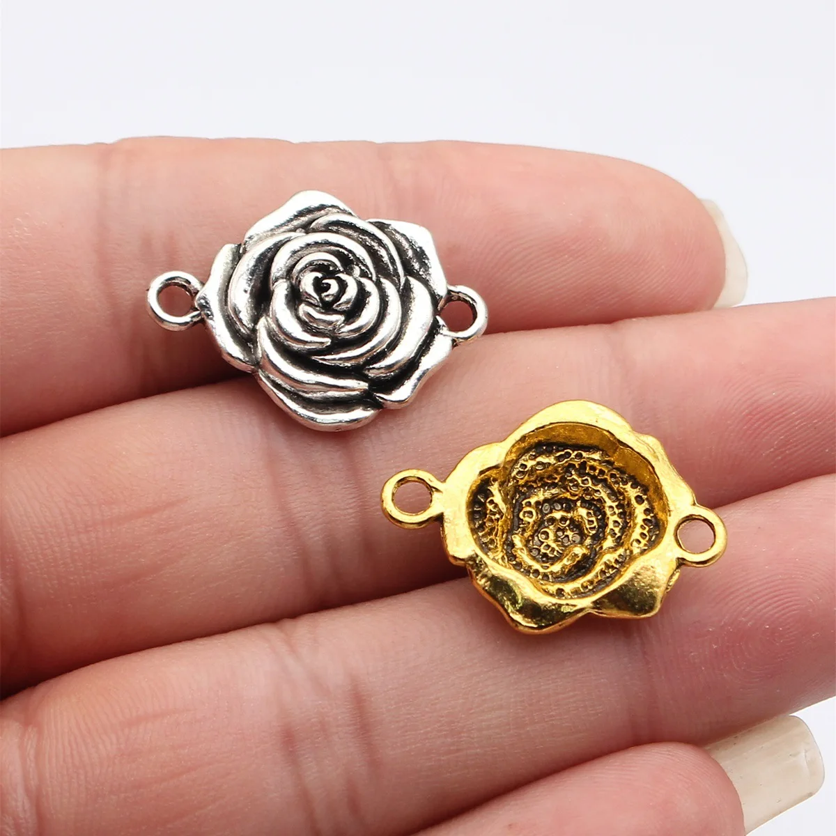 WYSIWYG 5pcs 27x20mm 2 Colors Antique Silver Color Antique Gold Color Blooming Rose Flower Connector For DIY Jewelry Making