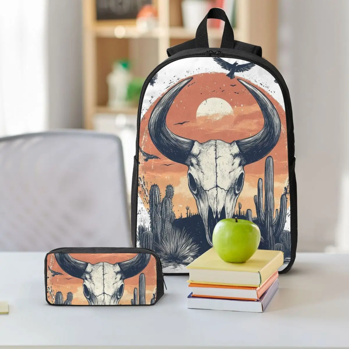 Western Bull Skull Cactus Sun Tribal Backpack Boys Girls BookBag School Bag Shoulder Bags 3ps Insulated Lunch Bag Pencil Case