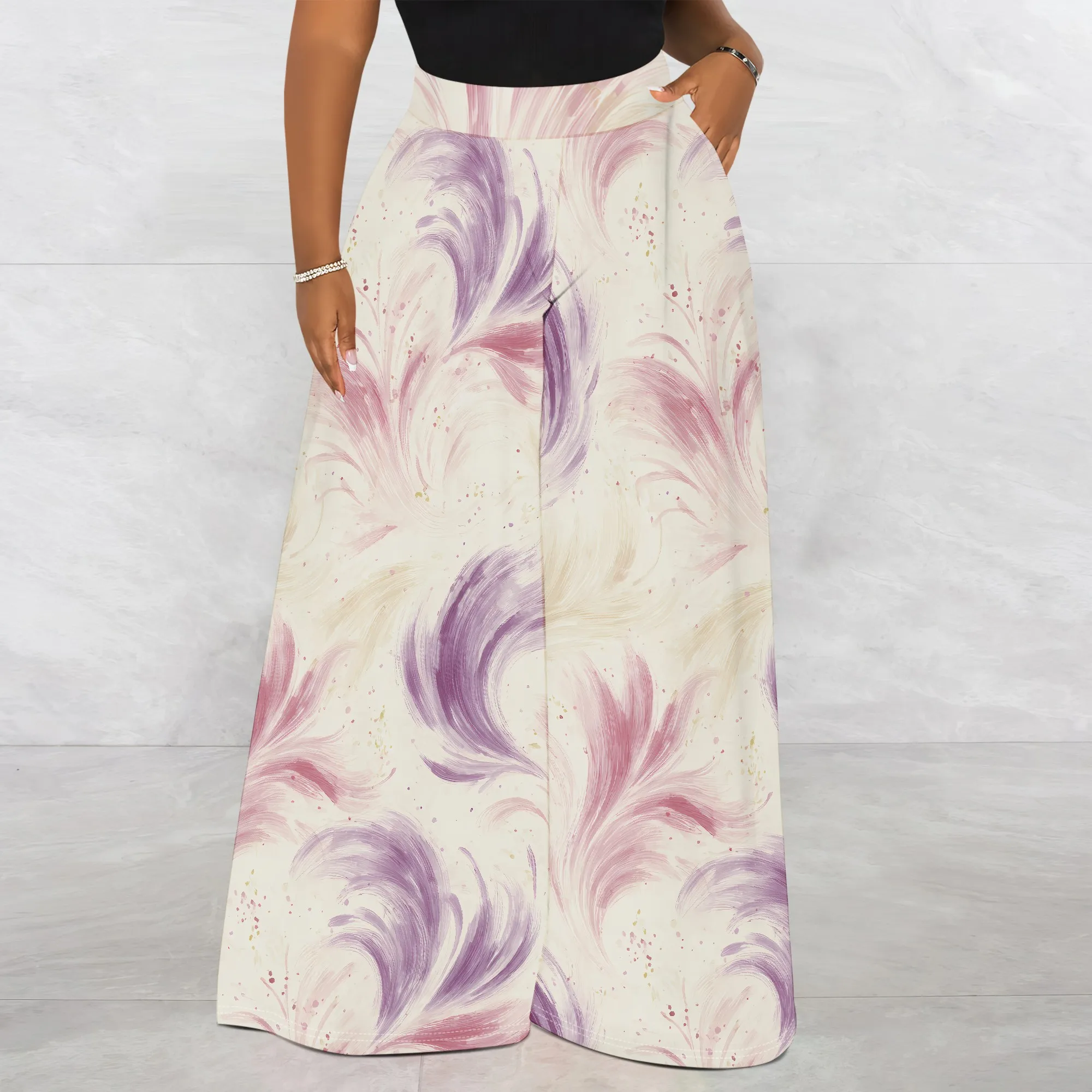 Watercolor Feather Print Wide Leg Pants, Purple Pink Abstract Pattern Trousers, High Waist Casual Bottoms for Women, S-2XL