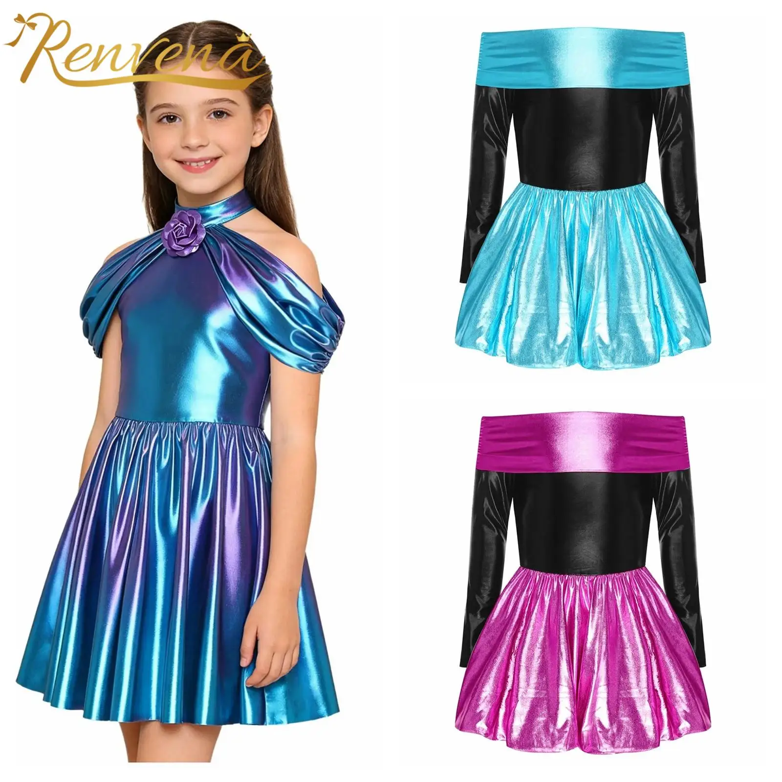 Girls Metallic Prom Gown Birthday Party Dress Cowgirl Costume Festive Disco Jazz Dance Dress Children Costume Performance Outfit