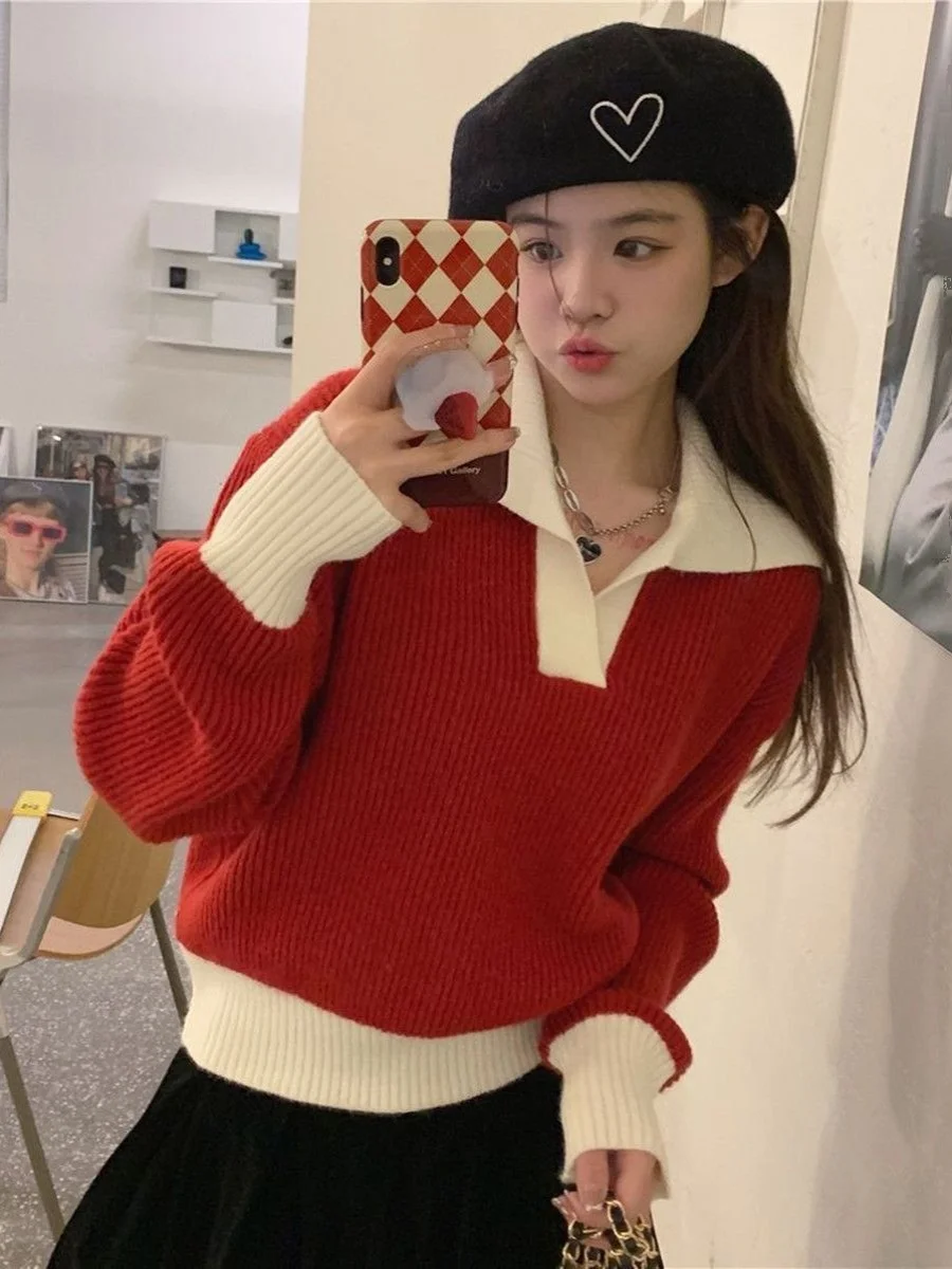 

Модный цветной трикотаж Blo, женский топ с отложным воротником, пикантный топ для девочек, красный, весна-осень, Новое поступление