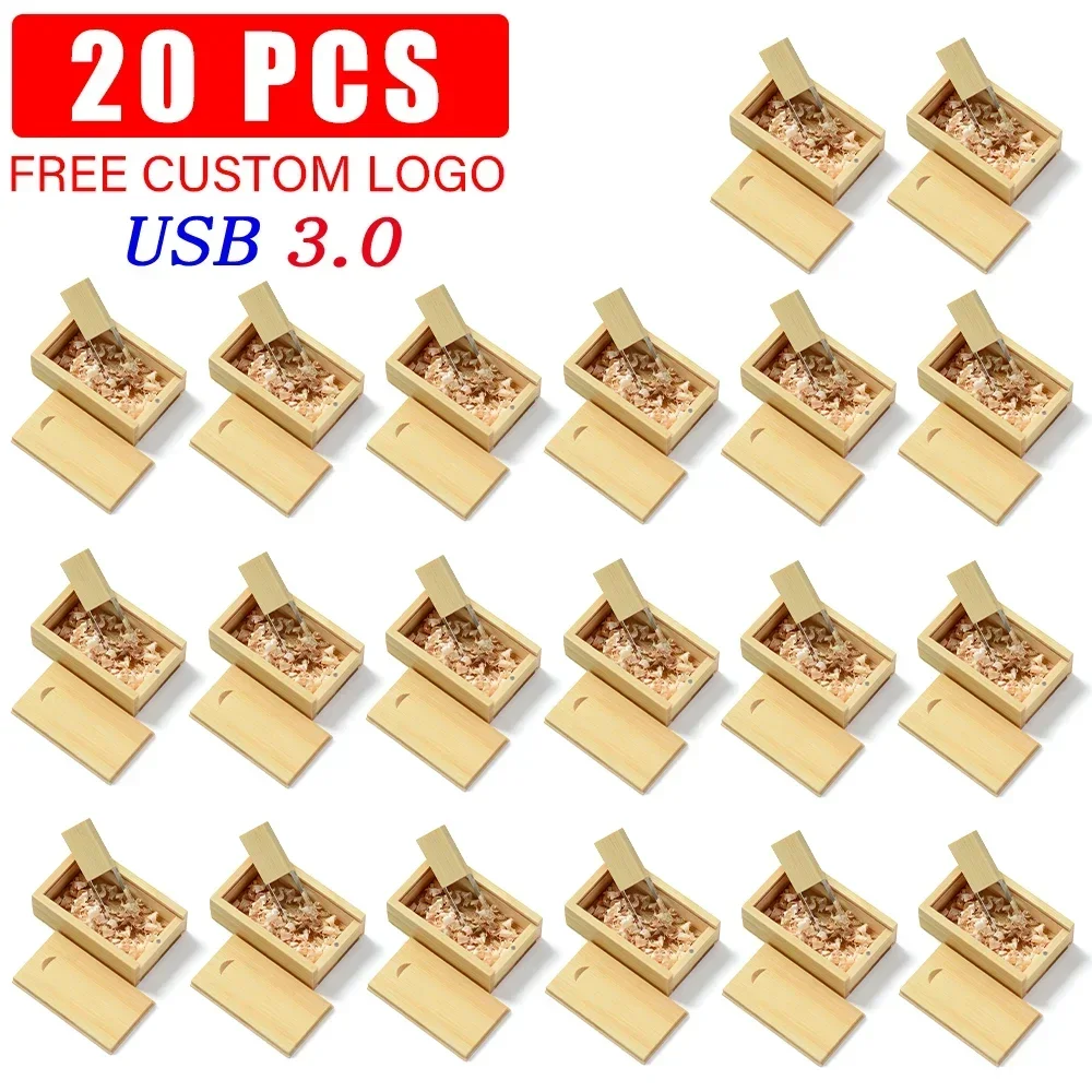 JASTER 20 PCS LOT Free Custom Logo USB 3.0 Flash Drive 128GB Wooden Box Pen Drive 64GB High Speed Crystal Memory Stick 32GB 8GB