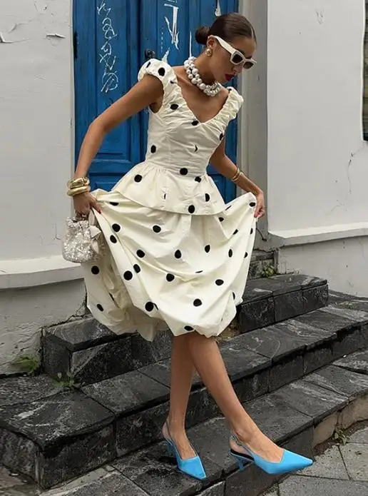 Polka Dot Mini Dress Retro A Line Puff Sleeve Waist Cinching Party Style for Women - White Pot Sets