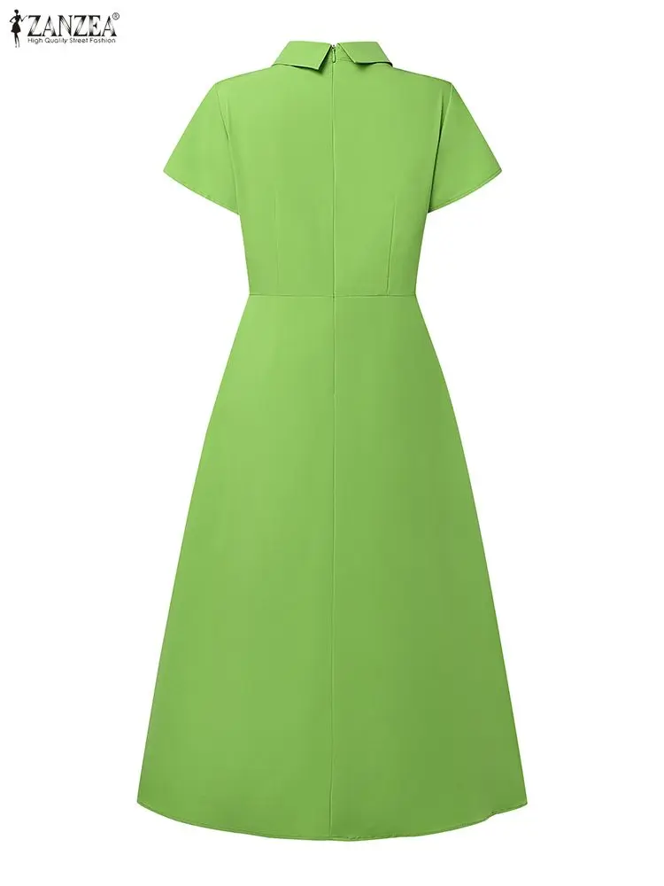 ZANZEA エレガントな半袖ラペルネックオフィスサンドレス レディース 2025 夏服 おしゃれな無地OLワークミディドレス ウエストマークドレス