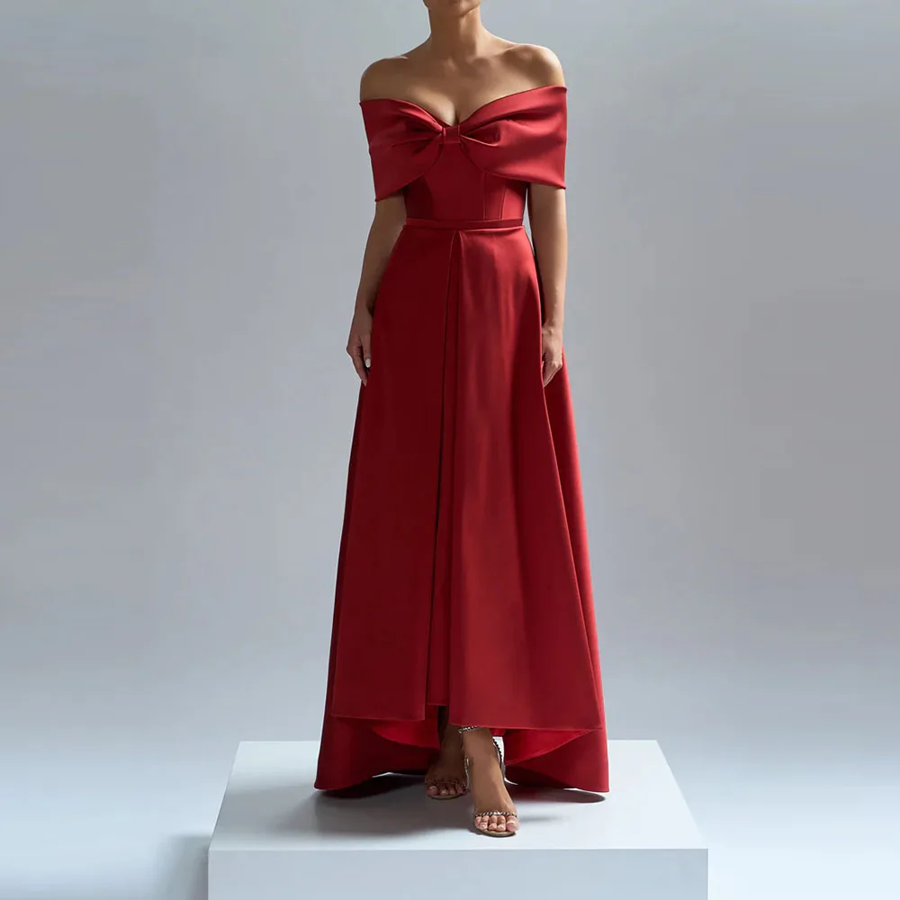

Customized Satin Red Elegant Evening Dresses Off The Shoulder Long A-Line Prom Dresses Floor Length Wedding Cocktail Party Dress