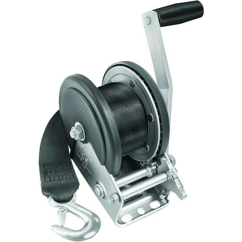 Boat Trailer Winch with 20 Foot Winch Strap with Hook, 1,500 lbs. Capacity, Single-Speed Hand Crank Winch,