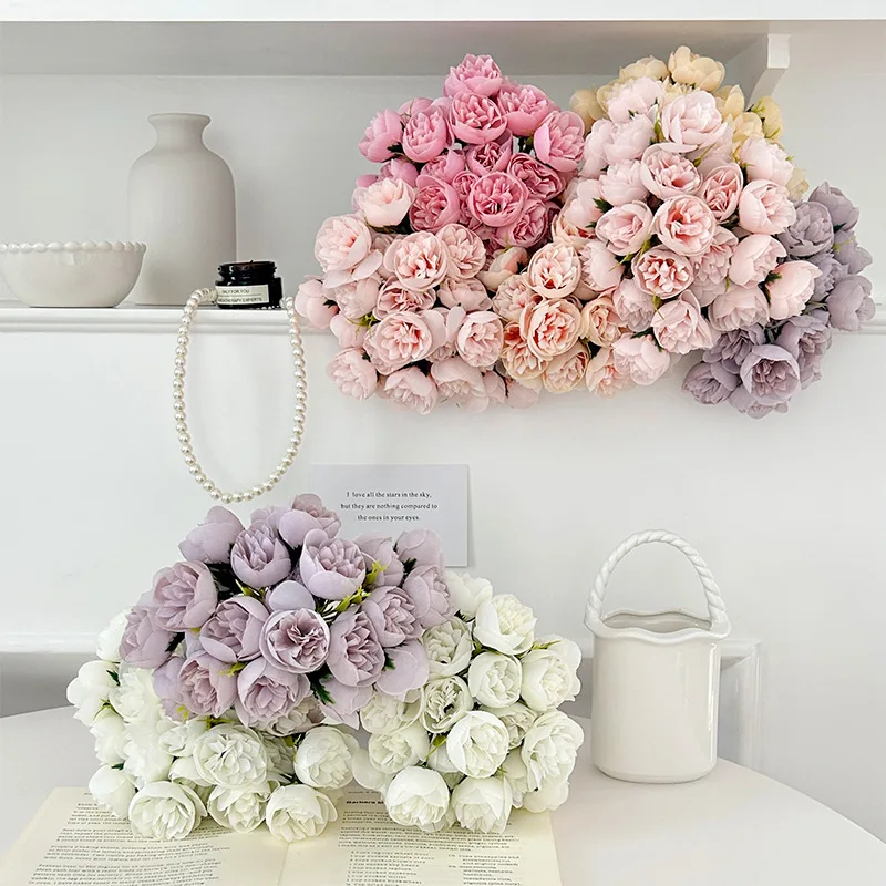 

27 Heads Simulated Tea Rose Bouquets Peony fake Flower Birthday Wedding Scene Hall Hand-Held Home Decoration Photography Props