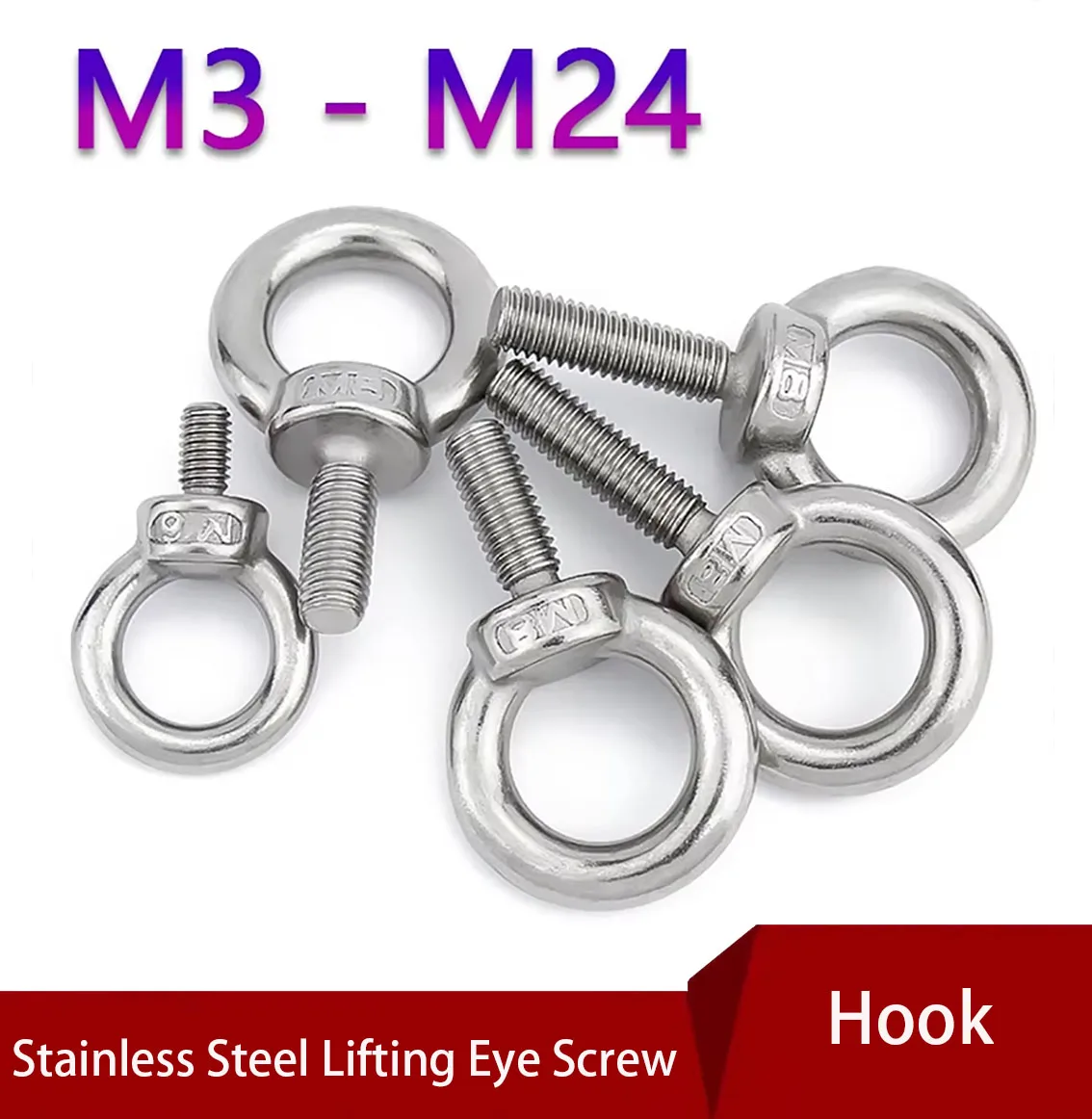 A2 304 Stainless Steel Lifting Eye Screw Bolts M3 M4 M5 M6 M8 M10 to M24 Round Ring Hook Bolt Screw Fasterners