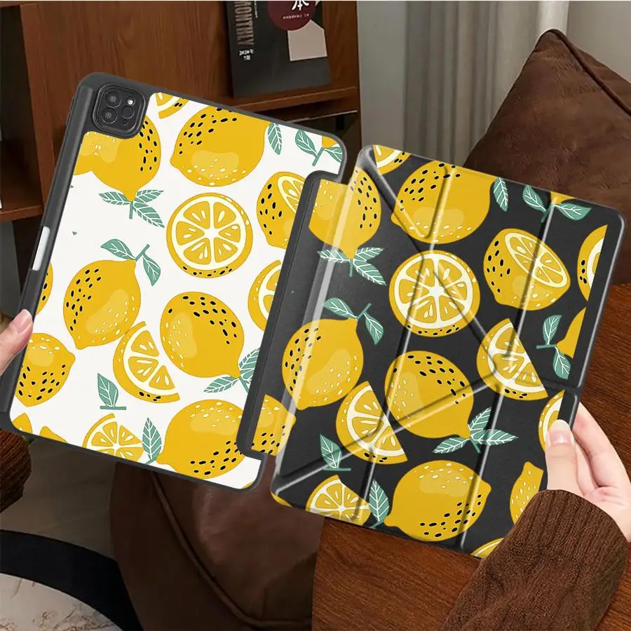 With Pen Slot Cover Tablet Case For iPad Mini 7 6 5 9th 12th Pro M4 13 2025 2026 Air 8 M2 M3 3 11th 10th Gen Lemon Geometric
