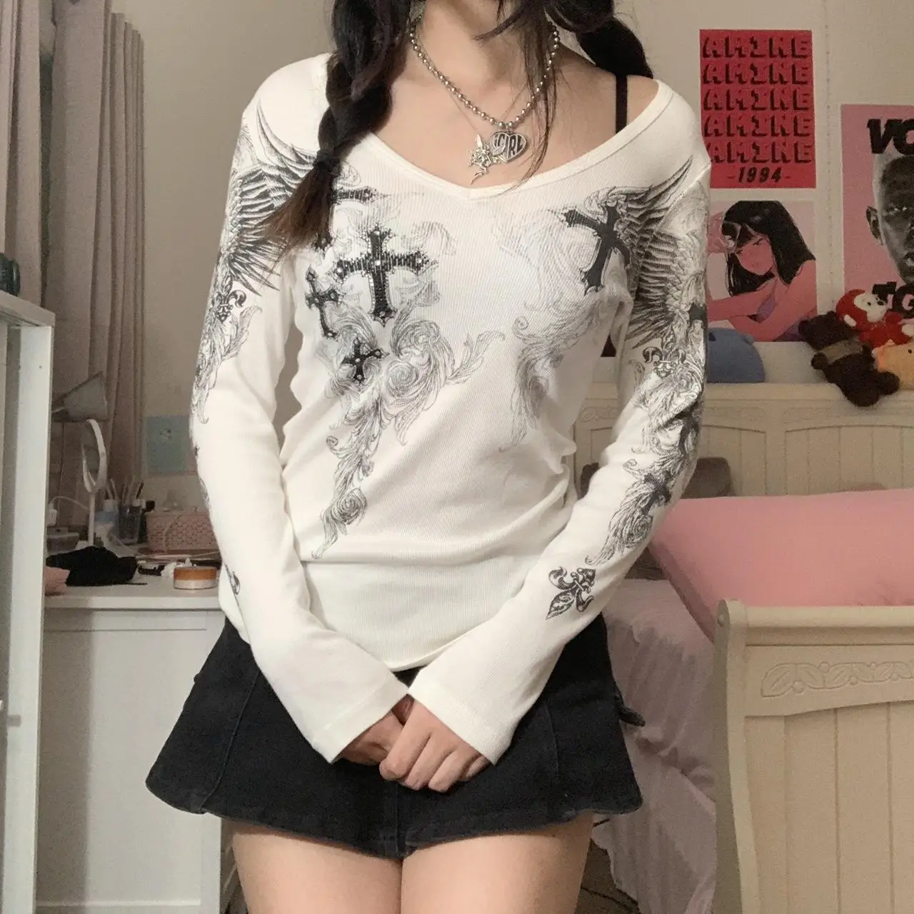 Floral y2k Crop Tops Ribbed Knitted Grunge Fairycore T Shirt White Frill Long Sleeve Pullover Kawaii Autumn Sweet Tee Women