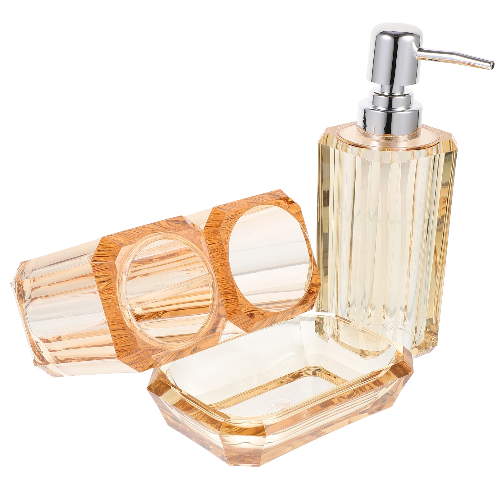 

Bathroom Accessories Set 4 Pieces Acrylic Transparent Shampoo Bottle Soap Dispenser Toothbrush Cup Holder Gold Color Stylish