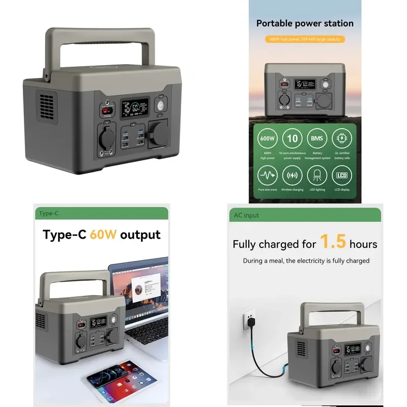 600W Portable Power Station with Ternary Lithium Battery and MPPT Solar Generator AC DC Car Charging for Outdoor Camping