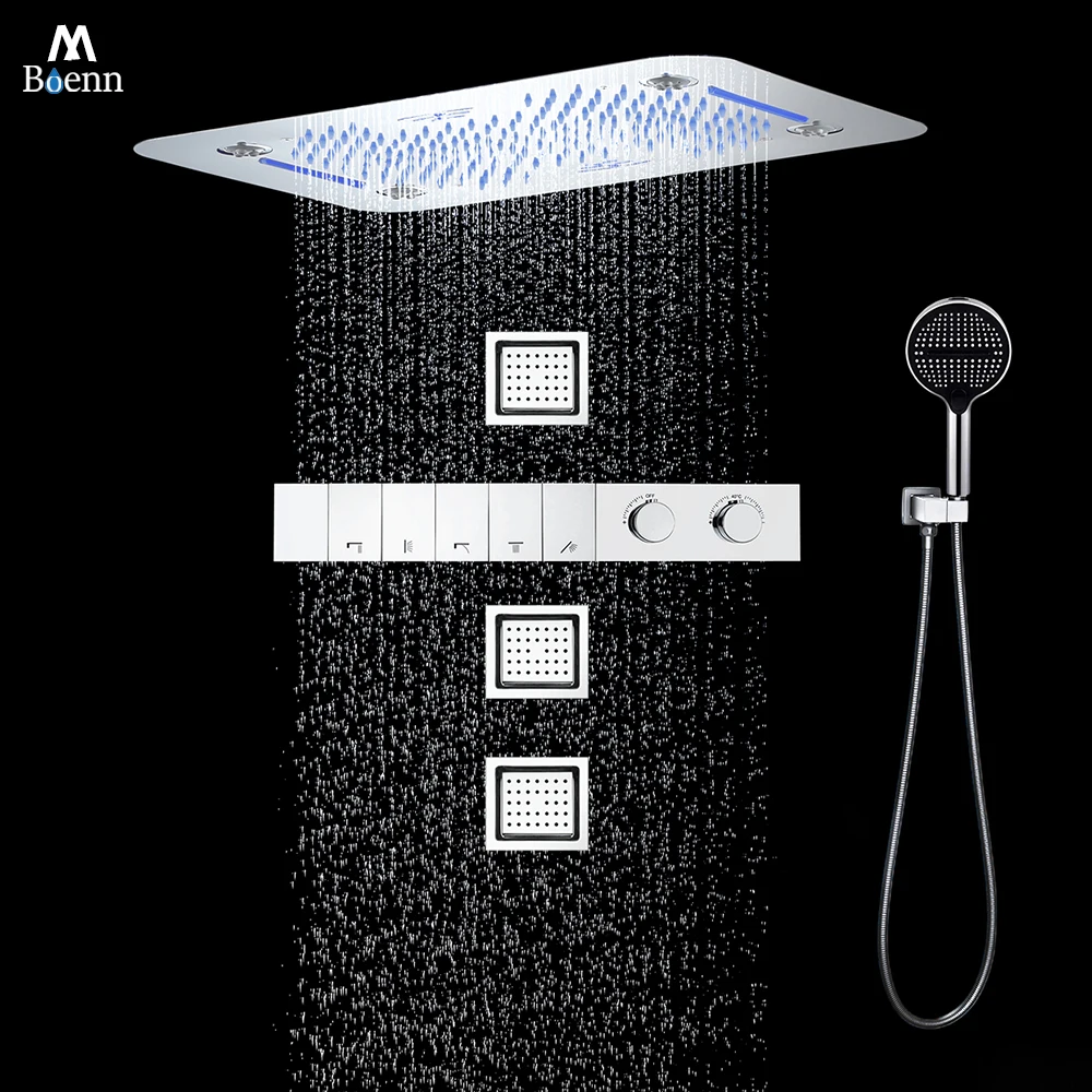 

M Boenn Matte Black Shower Set Bathroom Faucets System Embedded Ceiling Rainfall Shower Head Push Button Type Thermostatic Mixer