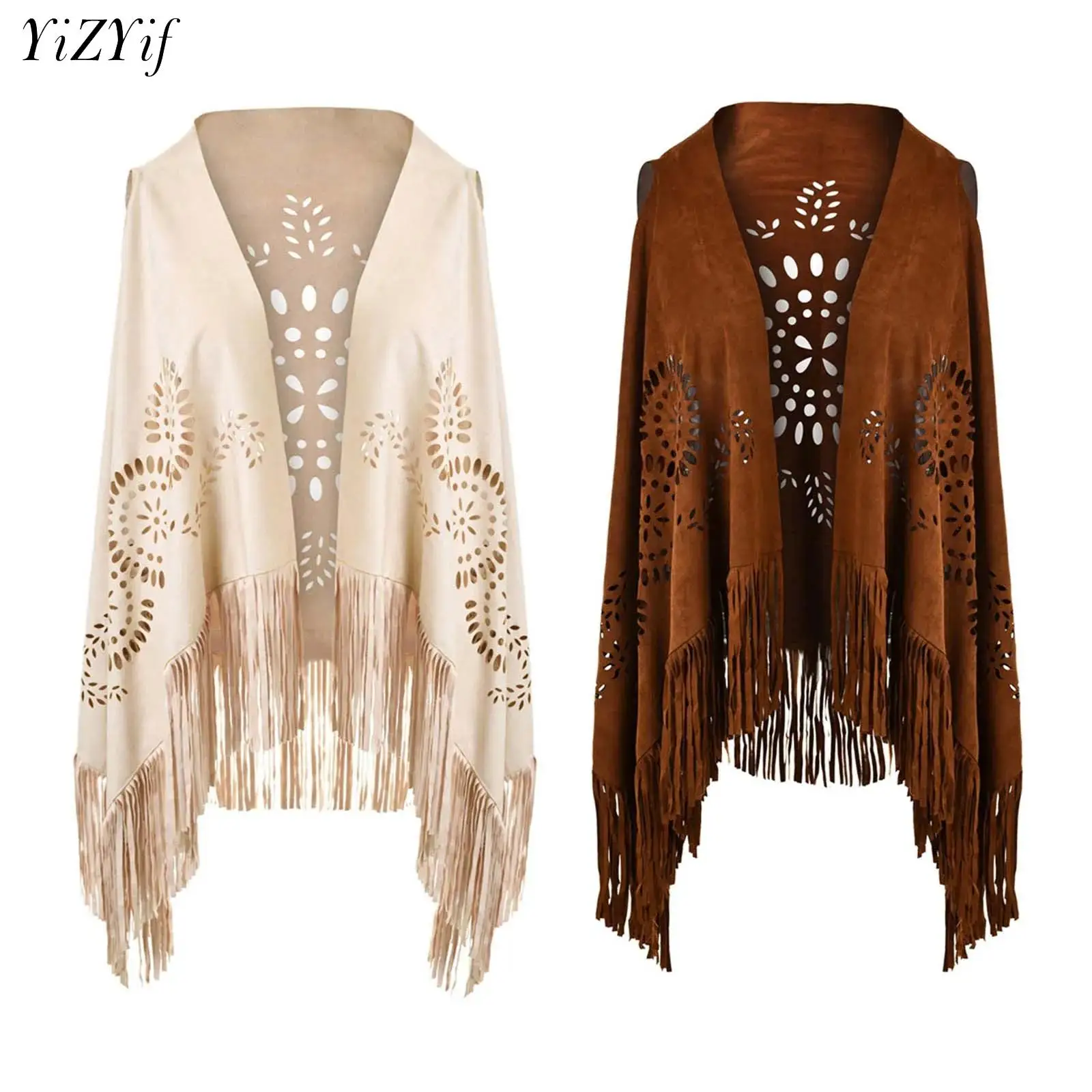 100% Suede Tassel Wrap Shawl Women Fashionable Retro All-matched Fringe Hollowed Cloak Cape for Casual Outings Party Photography