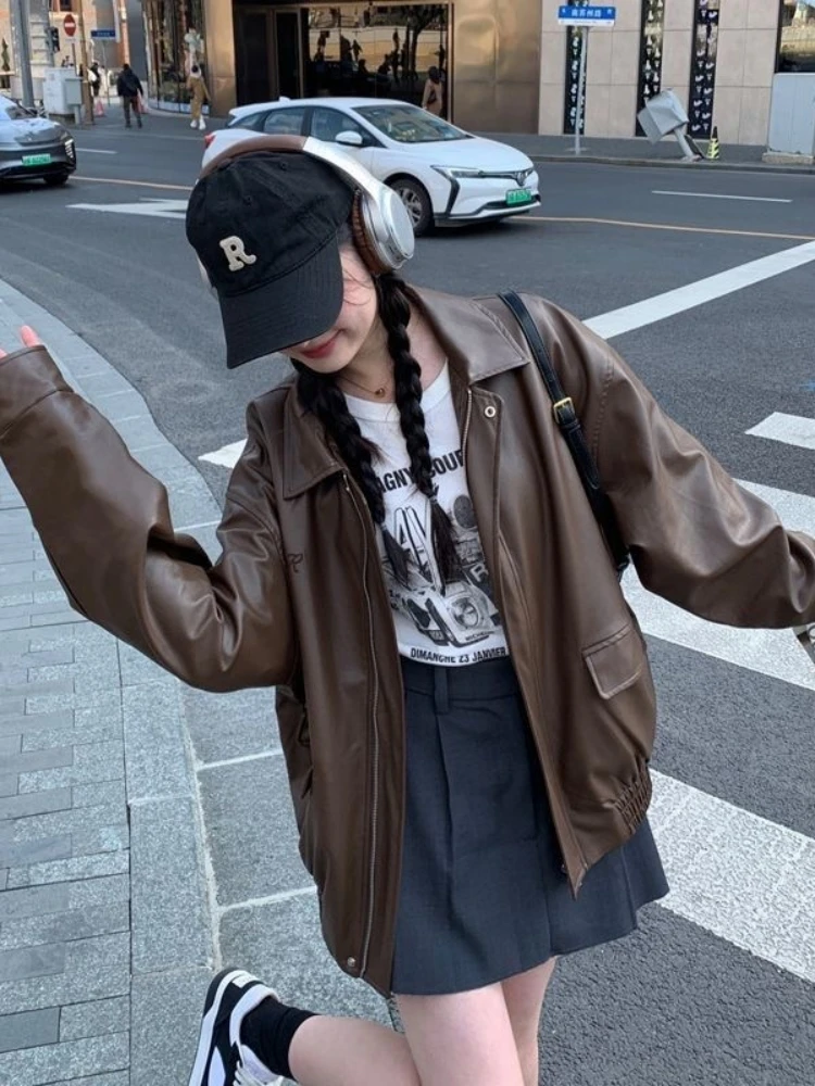 

Loose Motorcycle Jacket Women's Spring Autumn Retro Chic Sweet Cool Casual Korean Style PU Leather Long Sleeve Zipper Coat