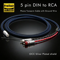 5Pin DIN to RCA Plug Phono Tonearm Cable with Ground Wire Hifi Audio OCC Silver Plated Phono Cable shield for LP Turnable