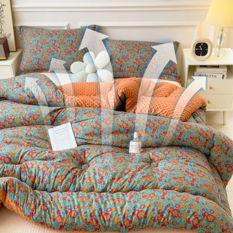 Vintage Floral Double Layer Gauze Bean Fleece Quilt, Soft Skin-friendly Reversible Duvet Insert, Machine Washable Home Bedding
