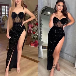 Glitter black sequin ball dress Sexy side high split Spaghetti long sweetheart neckline Illusion Evening dress 2024 custom new