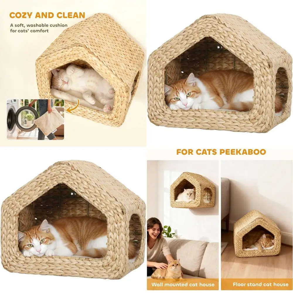 

Natural Wall-Mounted Cat Condo with Washable Bedding for Indoor Cats and Kittens