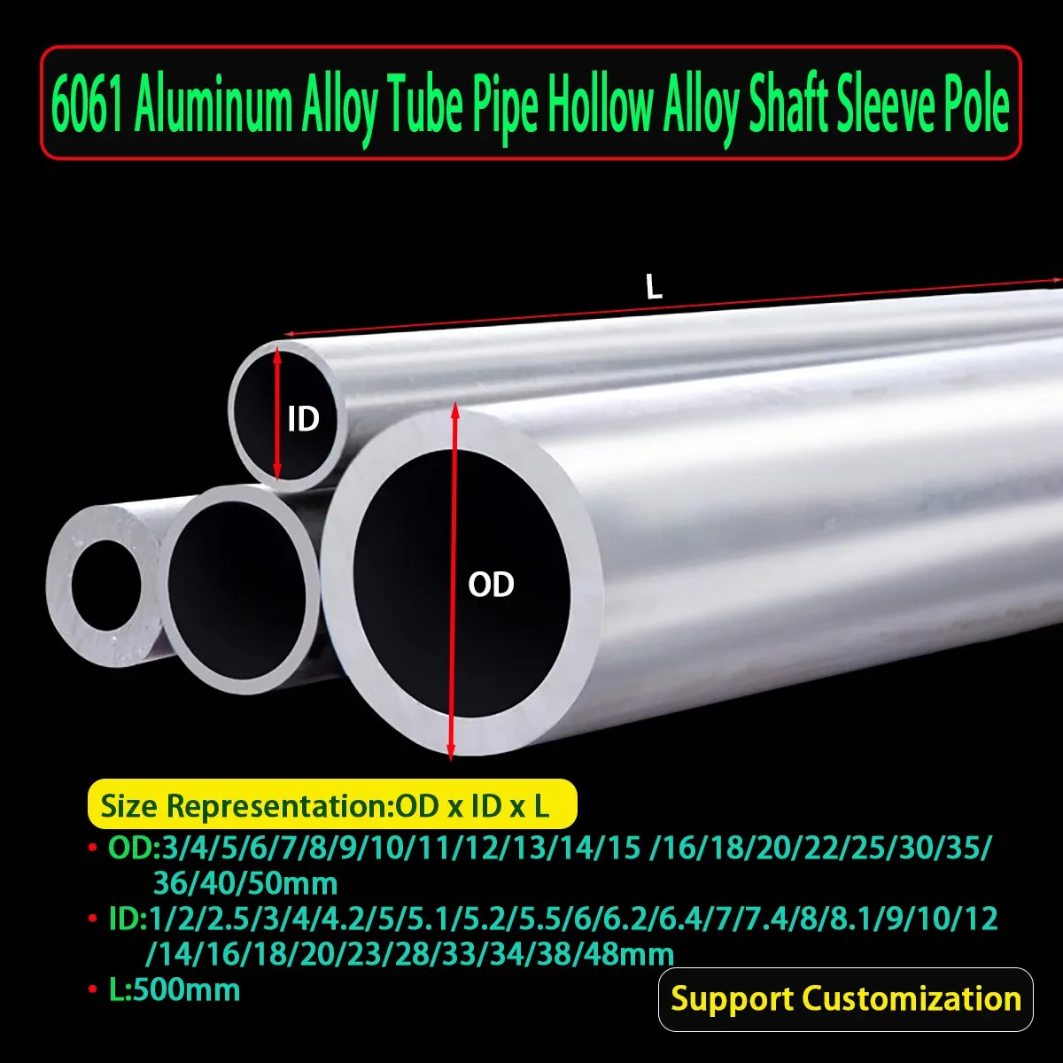 

6061 Aluminum Tube AL Capillary Hollow Pipe CNC Metal OD 3-48mm ID 1-48mm Length 500mm