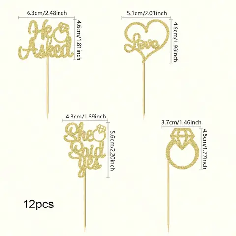 12/24Pcs He Asked She Said Yes Cupcake Toppers Glitter Rhinestone Ring Heart Love Cake Picks For Wedding Engagement Party Cake