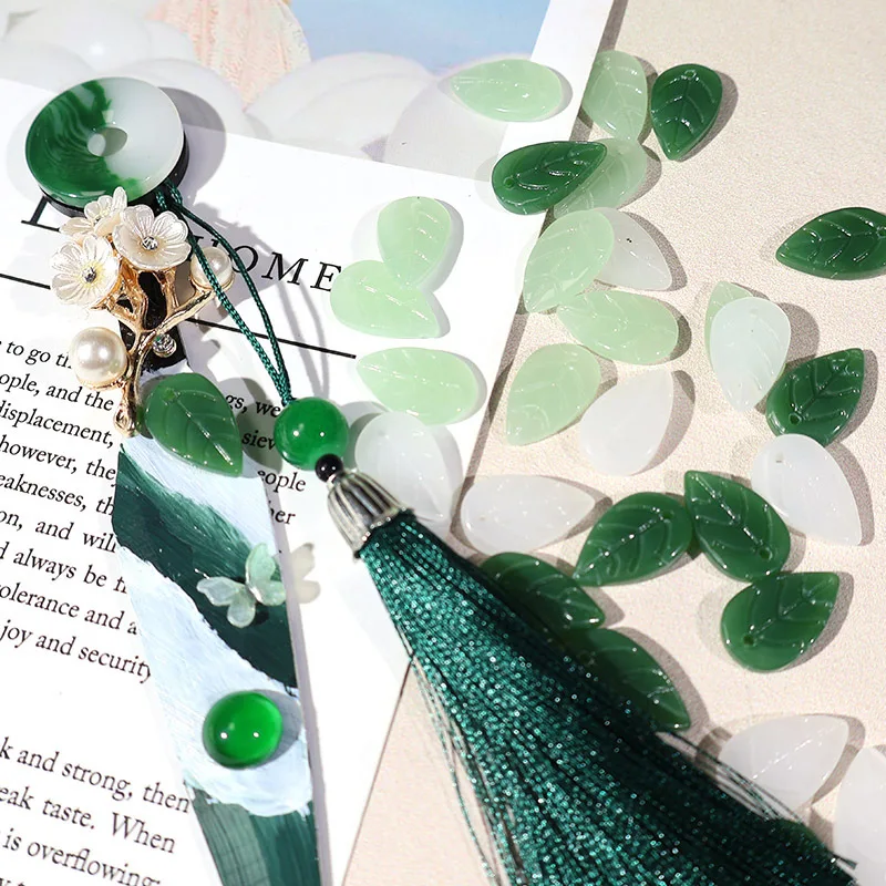 Imitation Jade Bracelet with Holes, White Jade, Dark Green Leaf Shape, Jewelry Pendant Accessories, DIY Handmade Decorative Card