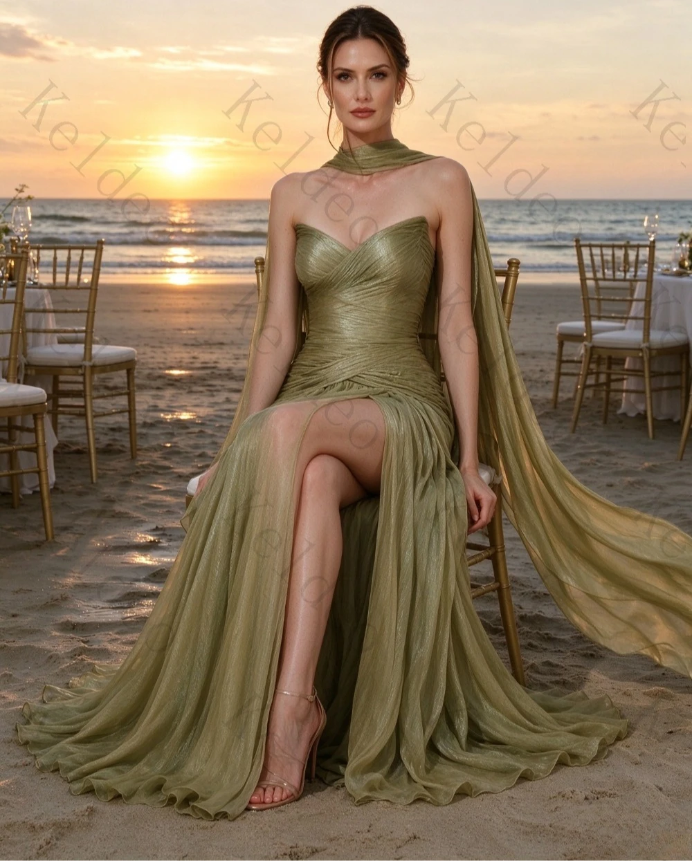 Customized Exquisite Sweetheart A-line Evening Gowns Shawl Sleeveless Backless High Slit Pleated Trailing New Party Prom Dresses