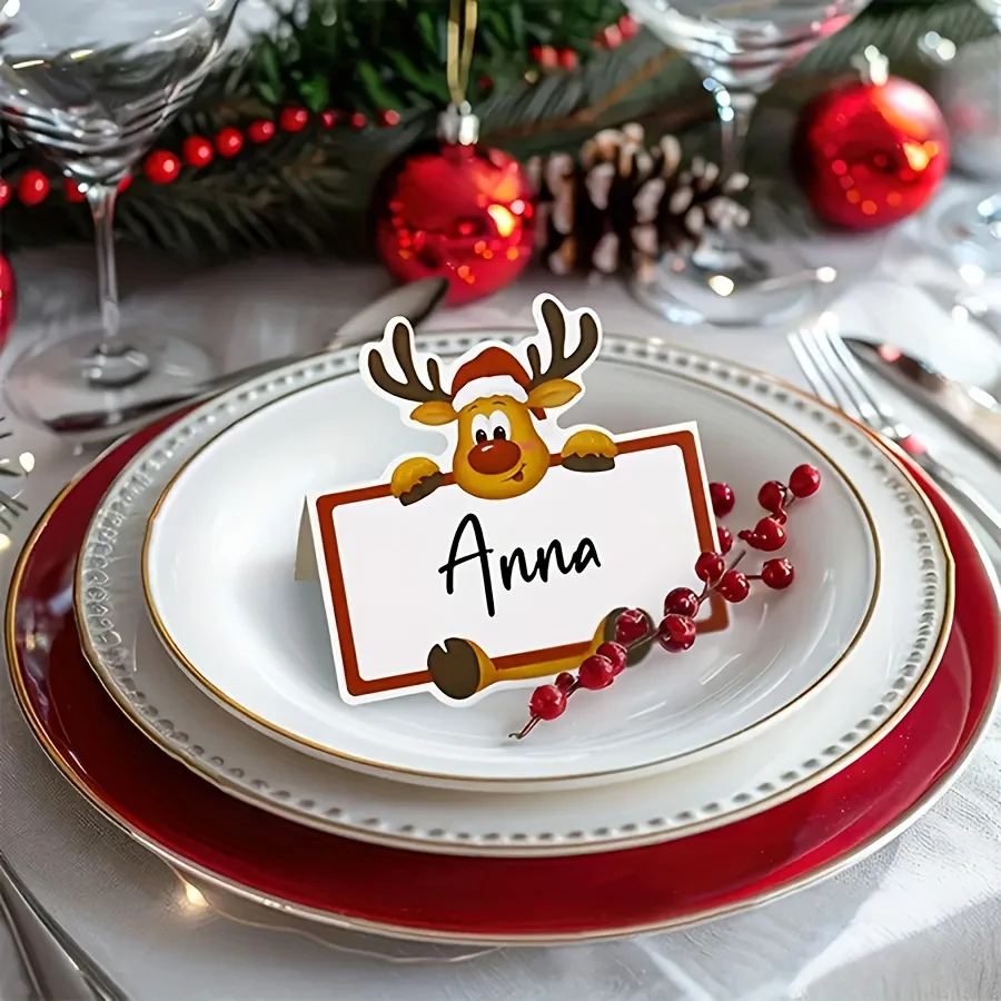 50 Blatt Weihnachts-Rentier-Tischkarten, bezaubernder Rudolph mit Weihnachtsmütze, rot-weiße Feiertagstischdekoration für Hochzeiten, Duschen