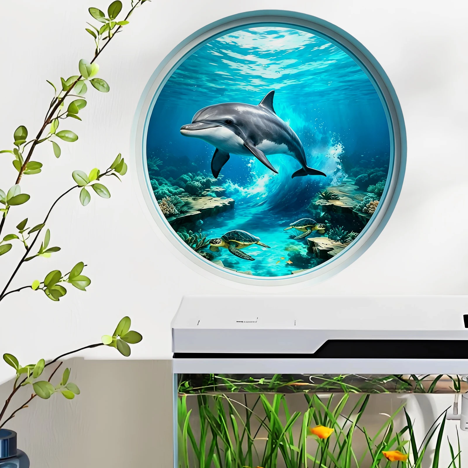 Underwater Dolphin Porthole Wall Decal, Ocean Scene Vinyl Sticker for Nautical Home Decor