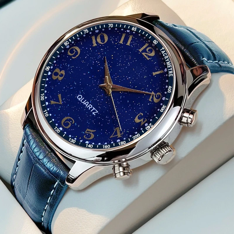 ساعات عصرية فاخرة للرجال من أفضل العلامات التجارية بحزام جلدي مستدير وحزام كوارتز بمينا من الفولاذ المقاوم للصدأ ساعة كاجوال بسوار Montre