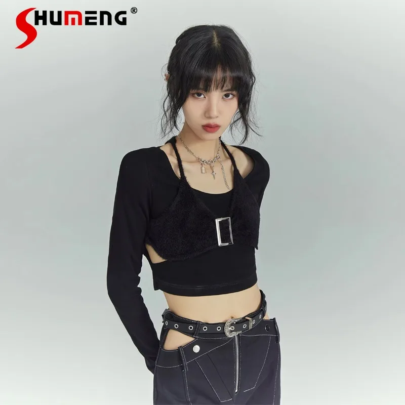 

American Retro Black T-shirts Sweet Cool Fake Two-piece Long-sleeved Slim-fit Knitted Sweater Hollow Elastic Bottoming Top Women