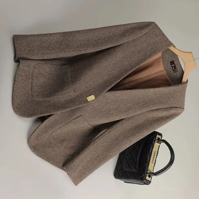 Coffee Woolen Blazer Women Spring Autumn 2026 New Casual Collarless Suit Jacket Ladies Work Formal Blazer Coat Female Outerwear