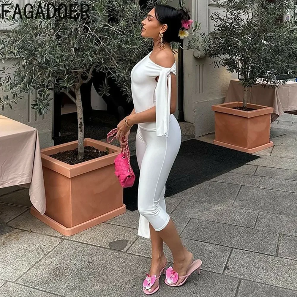 FAGADOER White Shorts 2 Piece Sets Women Outfit Fashion Off Shoulder Bandage Patchwork And High Waist Shorts Suits Streetwear