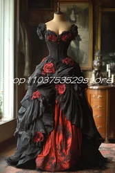 Black Burgundy Gothic Prom Dresses 3D Rose Flower Bustle Corset Lace-up Pleated Victorian Fairytale Evening Gown customisation