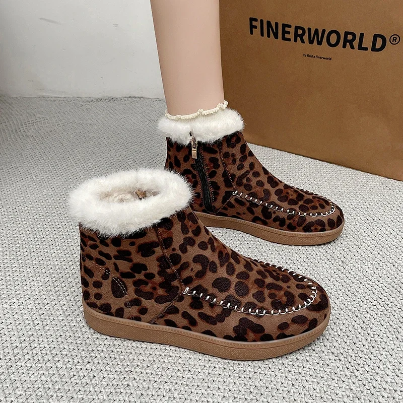 Moda feminina botas de algodão plana inverno nova cabeça redonda leopardo impressão camurça zíper lateral antiderrapante botas curtas