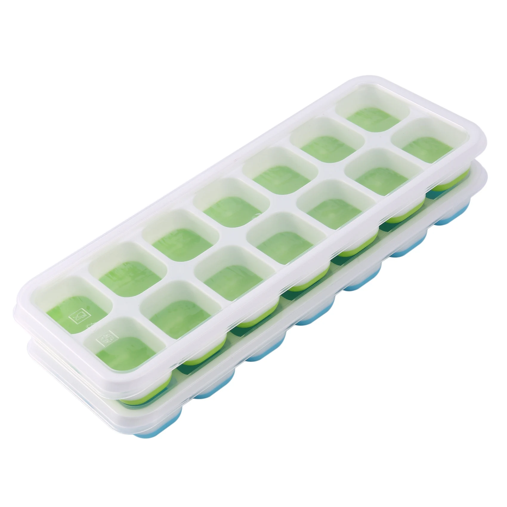 J1UL1N Ice Square Trays 2 Pack, Easy-Release Silicone And Flexible 14-Ice Trays With Spill-Resistant Removable Lid, Stackable Du