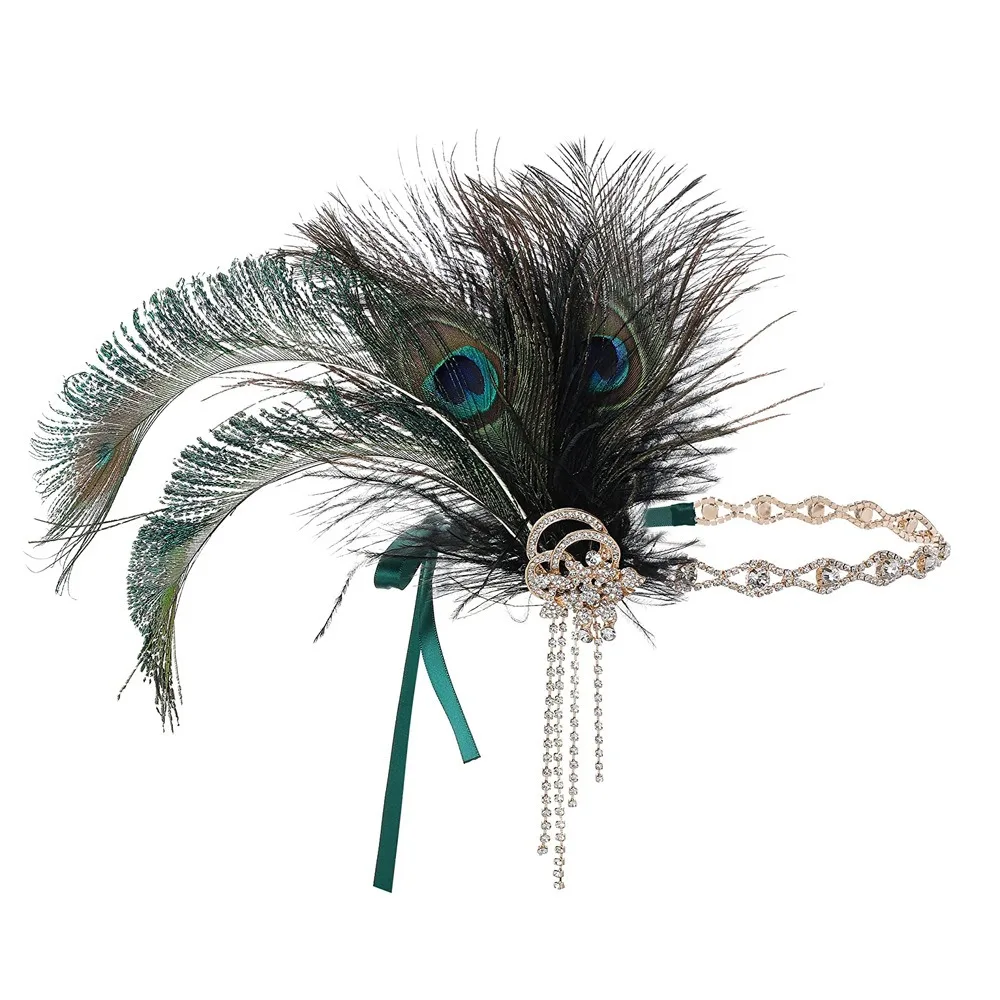 Exquisite Vintage Feather Headband Crystal Zircon Cosplay Dress Headwear Elegant Makeup Party 1920s Hair Accessories Women