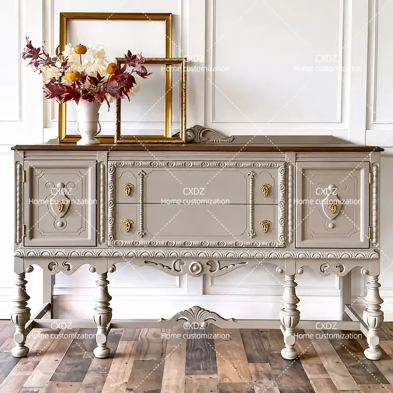 Solid Wood Carved Flower Entrance Cabinet Retro White Living Room Decorative Sideboard Dining Storage Cabinet Bedroom Locker