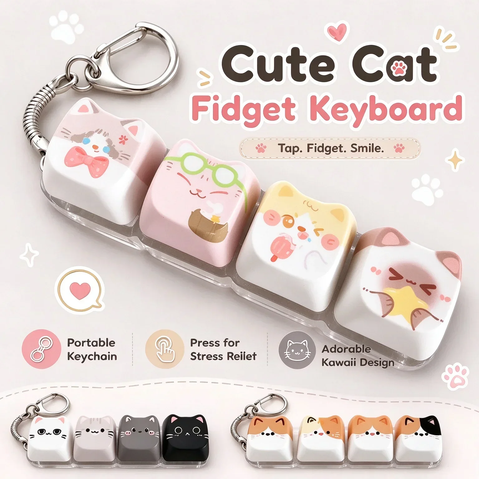 HOT Cat 4-Key Keyboard Fidget Kawaii Cat Relax Button Keycap Portable Fidget Keychain Bag Charm Squeeze Toy Birthday Gift