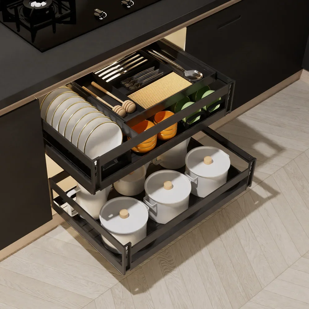 Pulling basket kitchen cabinet, aluminum alloy pull-out drawer type bowl and basket built-in bowl basket and dish rack damping