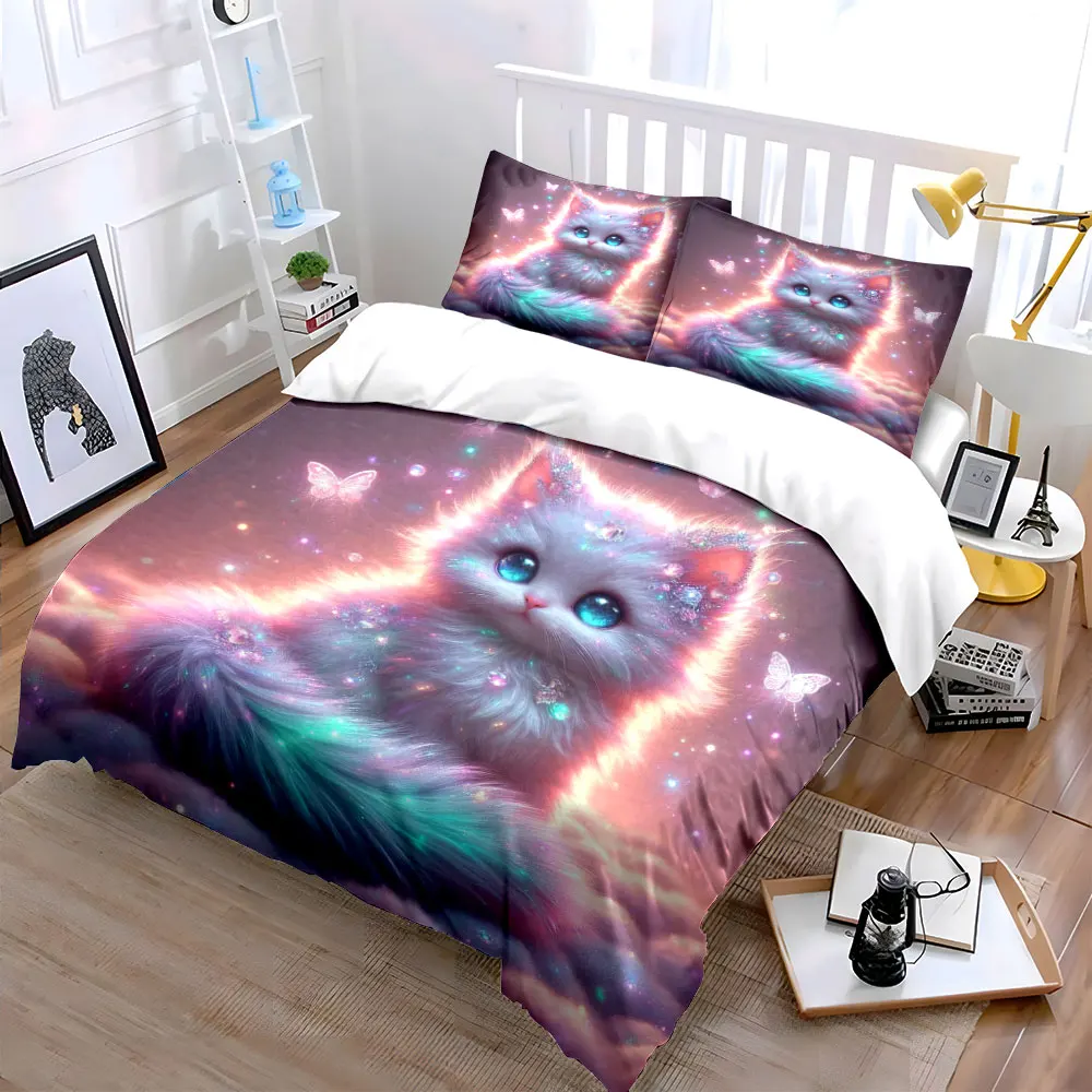 Enchanted glowing blue-eyed cat Print Bedding Set 1 Duvet Cover 2 Pillowcases for Adult and Children Luxury Gift Full Size
